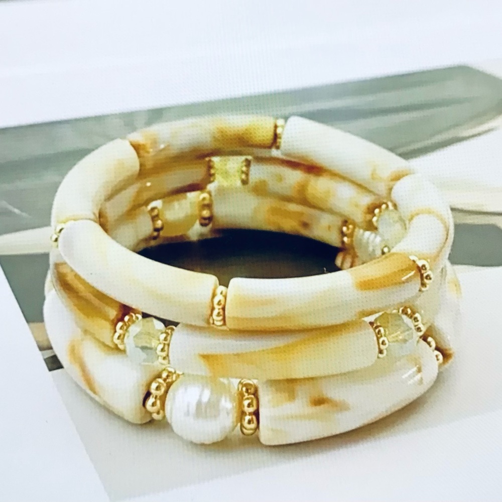 Gold and Cream Stacked Bangles with Decorative Accents